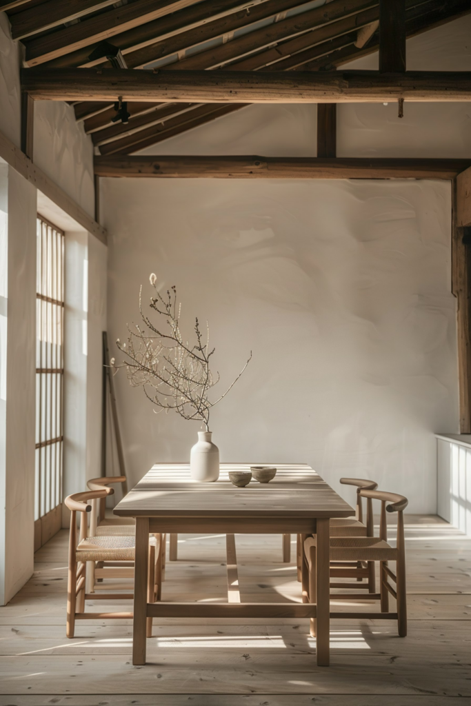 A serene minimalist interior with natural light, featuring a wooden table set, a vase with branches, and traditional chairs.