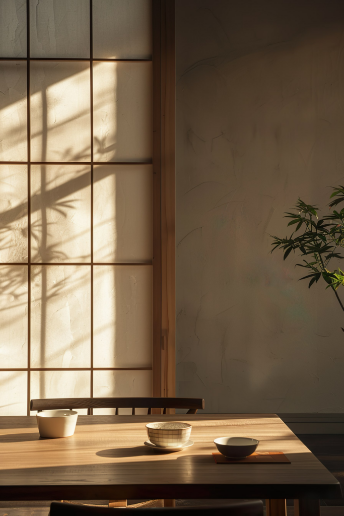 A serene dining table with bowls and a tray, illuminated by the warm light casting bamboo shadows through a screen.