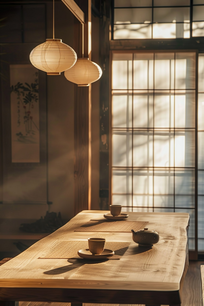 Warm sunlight filters through a shoji screen, illuminating a serene tea setting with two cups and a teapot on a wooden table, flanked by paper lanterns.