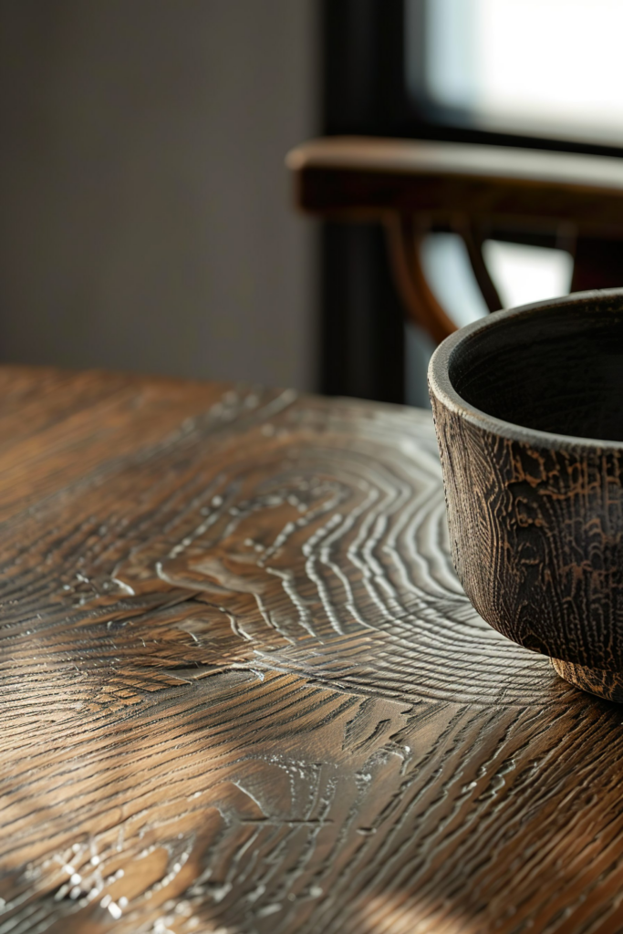 A ceramic bowl on a textured wooden table with intricate wood grain patterns, highlighted by soft natural light.