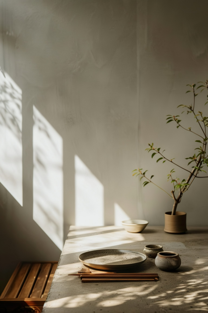 Serenely lit room with shadows playing on the wall, a small potted plant, and a neatly arranged set of ceramic dishes on a table.
