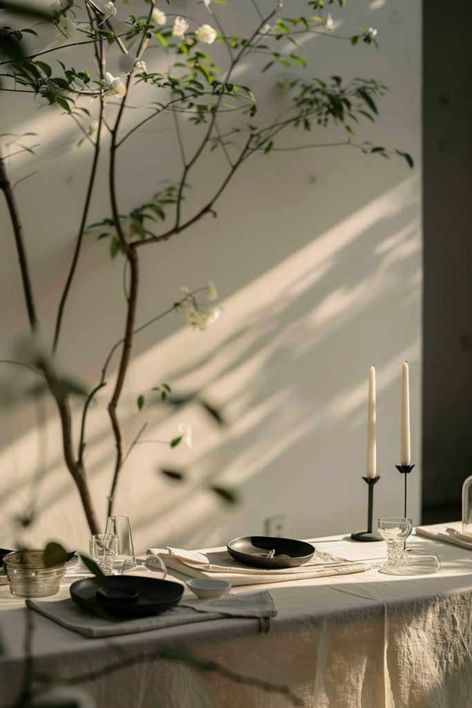 Elegant dining setup with two candles, black and white plates, and a branch with white flowers under soft sunlight casting shadows.
