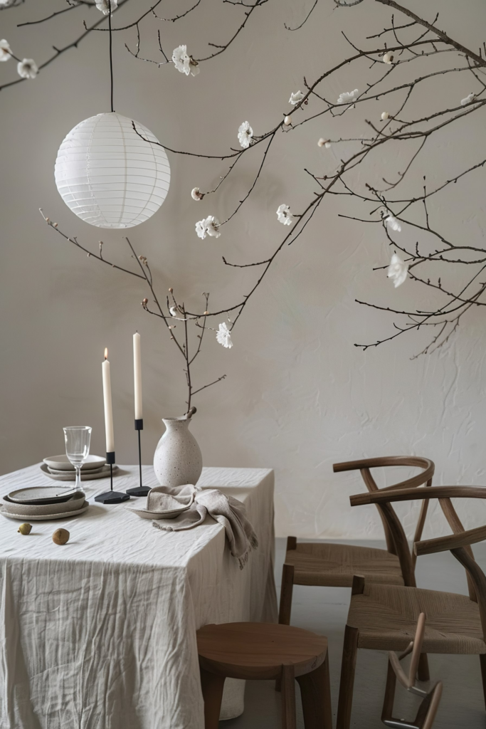 Minimalist dining setup with a white paper lantern, blossoming branches, candles, and wooden chairs around a table with linen cloth.