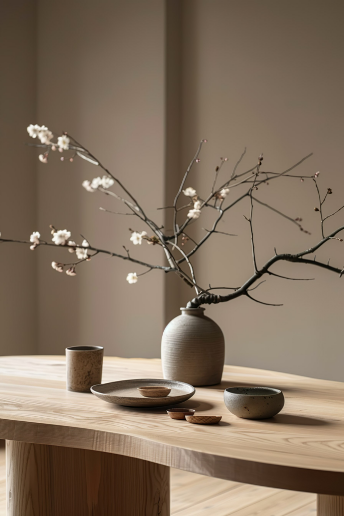 A minimalist wooden table setting with a gray ceramic vase holding blossoming branches, complemented by simple earthenware dishes.