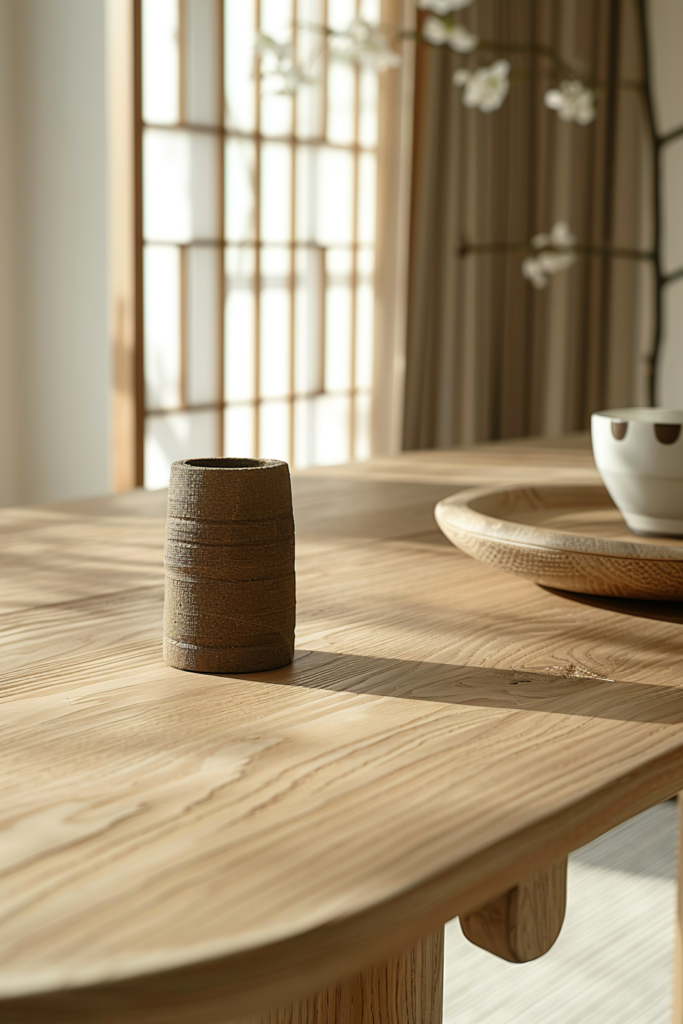 ALT Text: "A textured brown vase sits on an oak wood table with soft light filtering through a window with sheer curtains in the background."