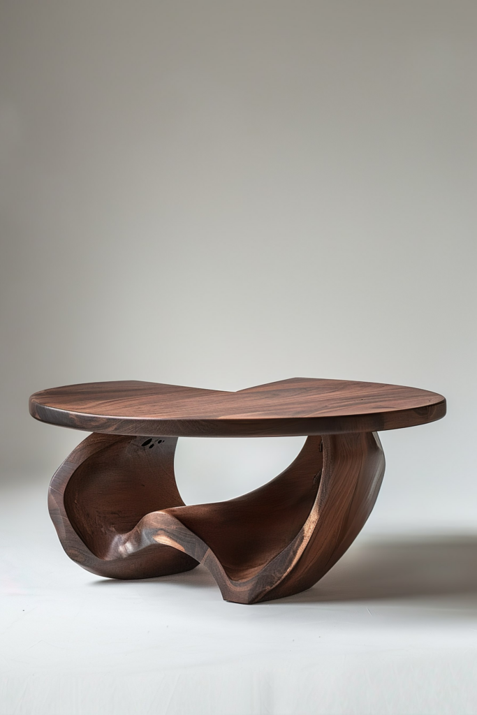 Elegant wooden coffee table with a smooth, sculptural base design, set against a neutral background.
