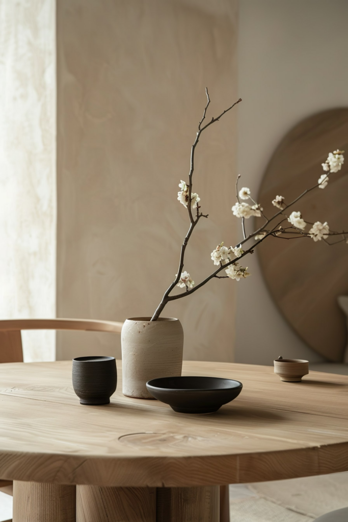 A serene table setting with a ceramic vase holding a blooming branch, accompanied by simple black and beige pottery on a wooden table.