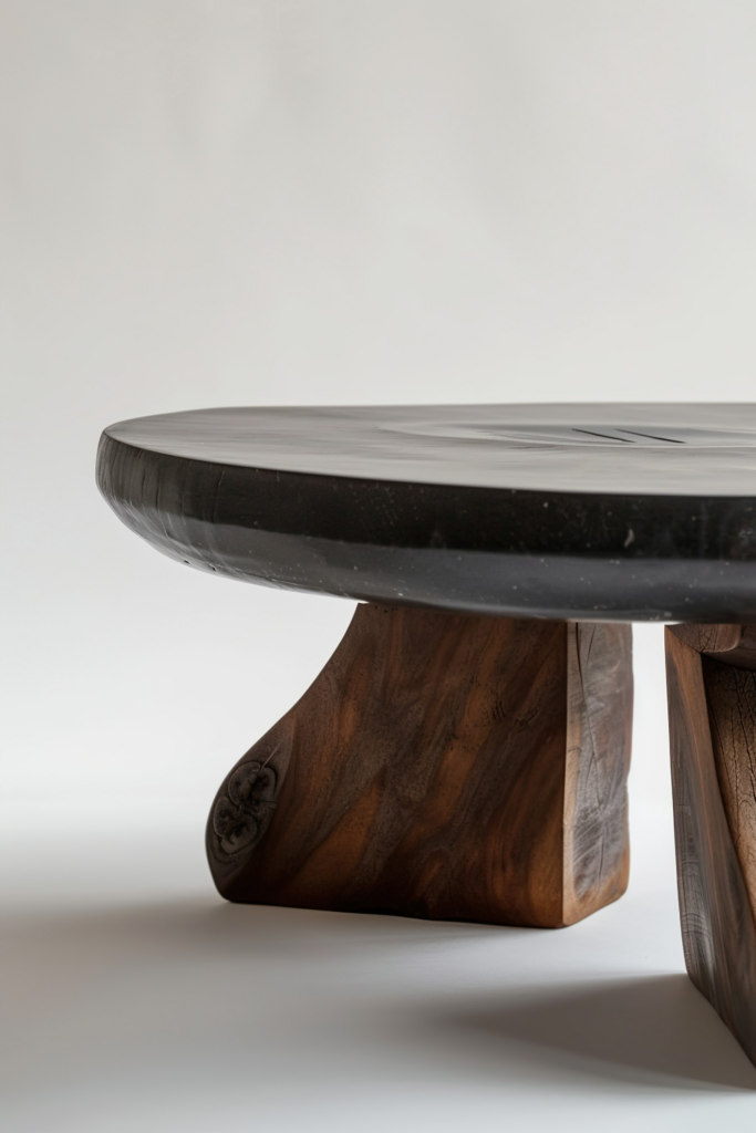 A close-up of a stylish table with a polished dark stone surface and natural wooden legs on a light background.