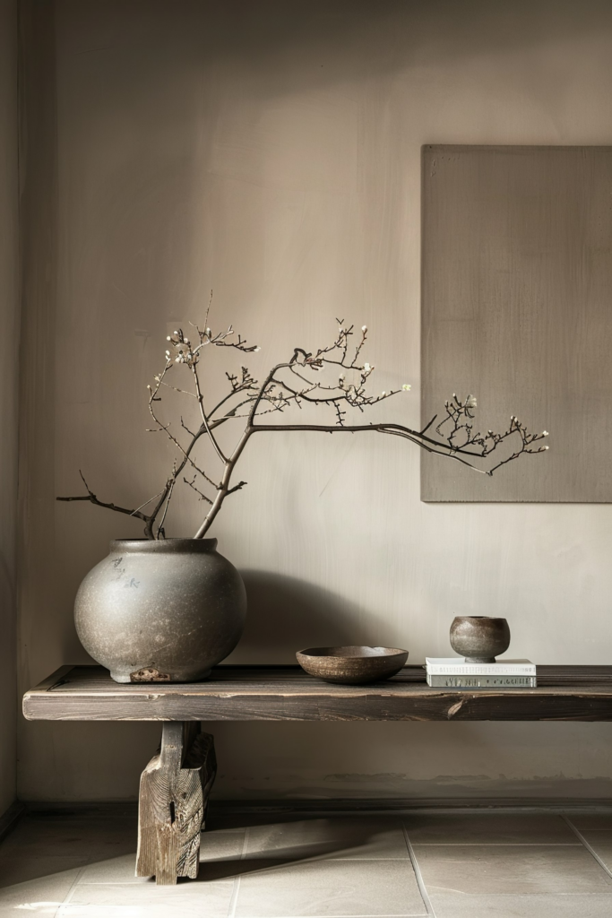 ALT: A serene interior corner with a large earthen vase holding delicate branches on a rustic wooden bench, accompanied by smaller bowls and a book.