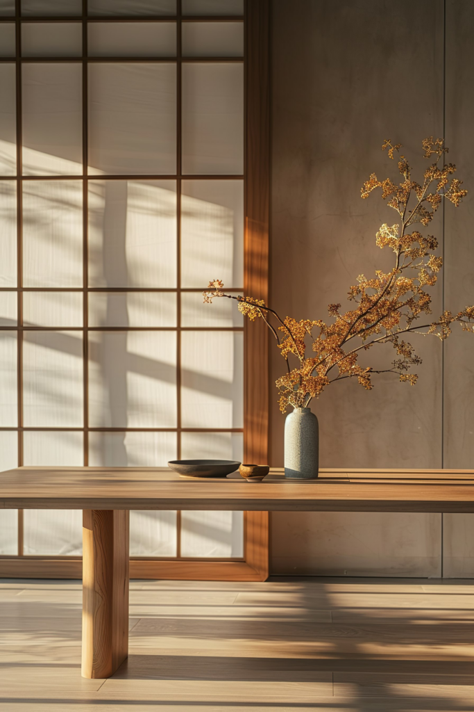 Warm sunlight illuminates a minimalist room with a wooden table, vase with branches, bowl, and textured backdrop.