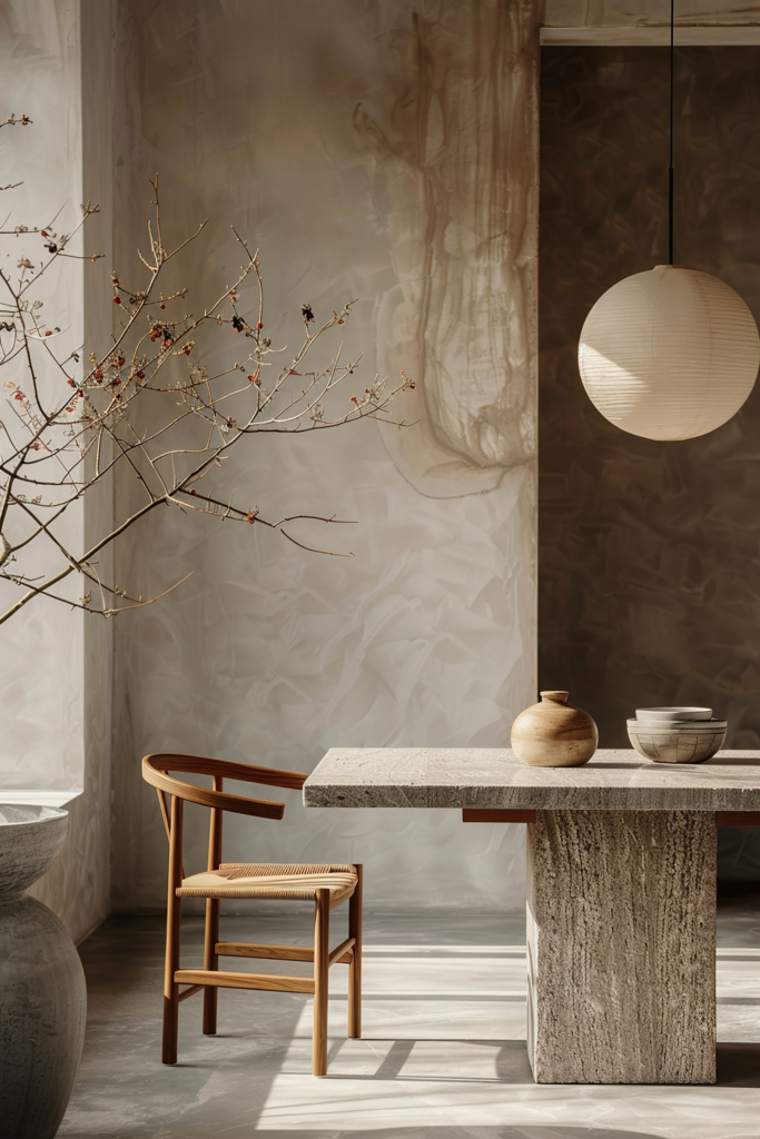 Elegant interior with marble table, wooden chair, ceramic vases, pendant light, and delicate branches against textured backdrop.