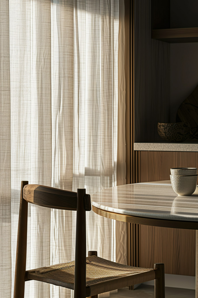 Sunlight filters through a sheer curtain onto a wooden chair and table with a ceramic cup, creating a warm, serene interior mood.