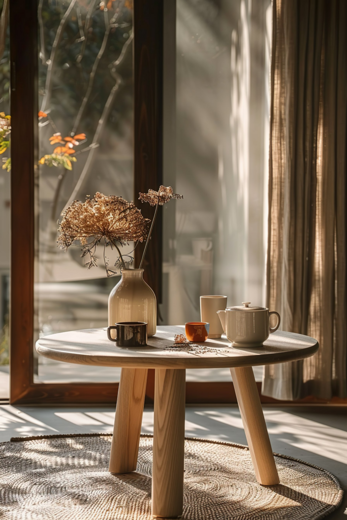 Cozy morning scene with sunlight streaming through a window, highlighting a table with a dry flower arrangement, teapot, and cups.