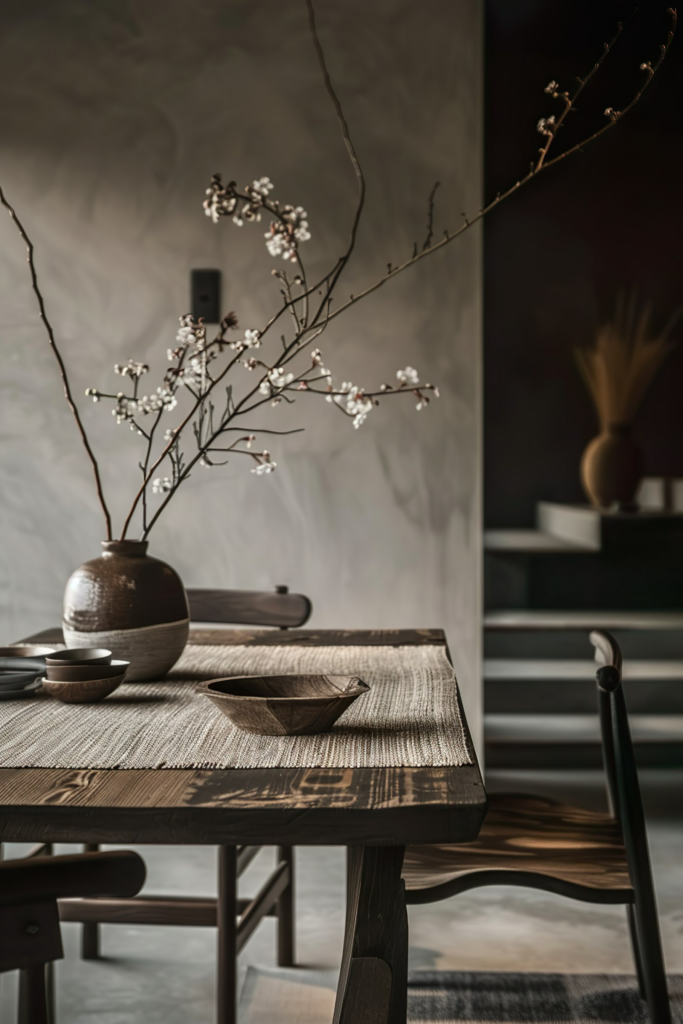 ALT: Elegant dining room scene with a rustic wooden table set with ceramics, vase with branches, and soft lighting creating a serene ambiance.