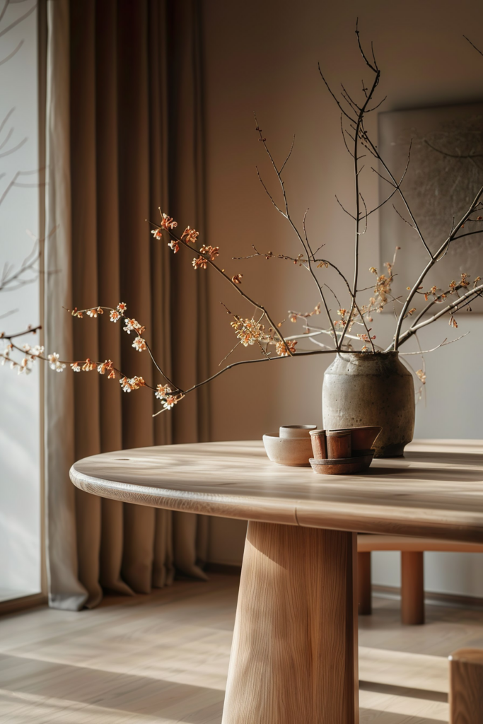 A serene interior with a wooden table displaying a rustic vase with blooming branches and a set of pottery cups in a room with soft lighting.