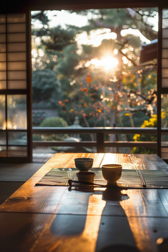 Tea cups on a wooden table with sunlight streaming through a window, overlooking a garden at sunset.