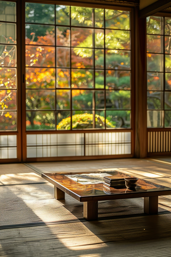 ALT: Traditional Japanese room with tatami floor and shoji sliding doors, overlooking a garden with autumn leaves, sunlight casting soft shadows.