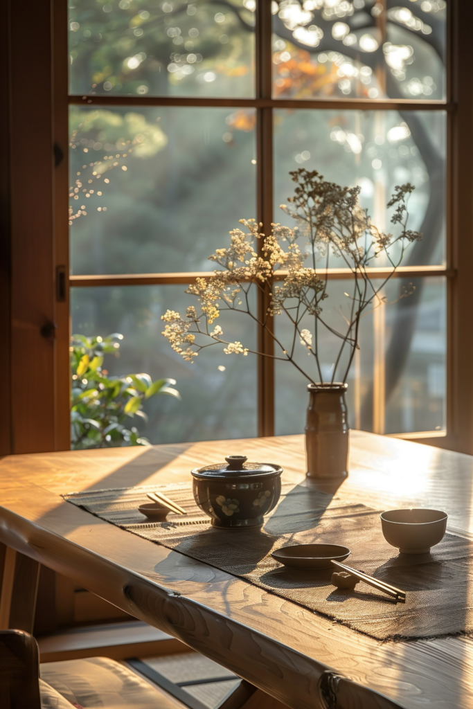 Alt text: Warm sunlight filters through a window onto a wooden dining table set with a bowl, chopsticks, and a vase with dried flowers.