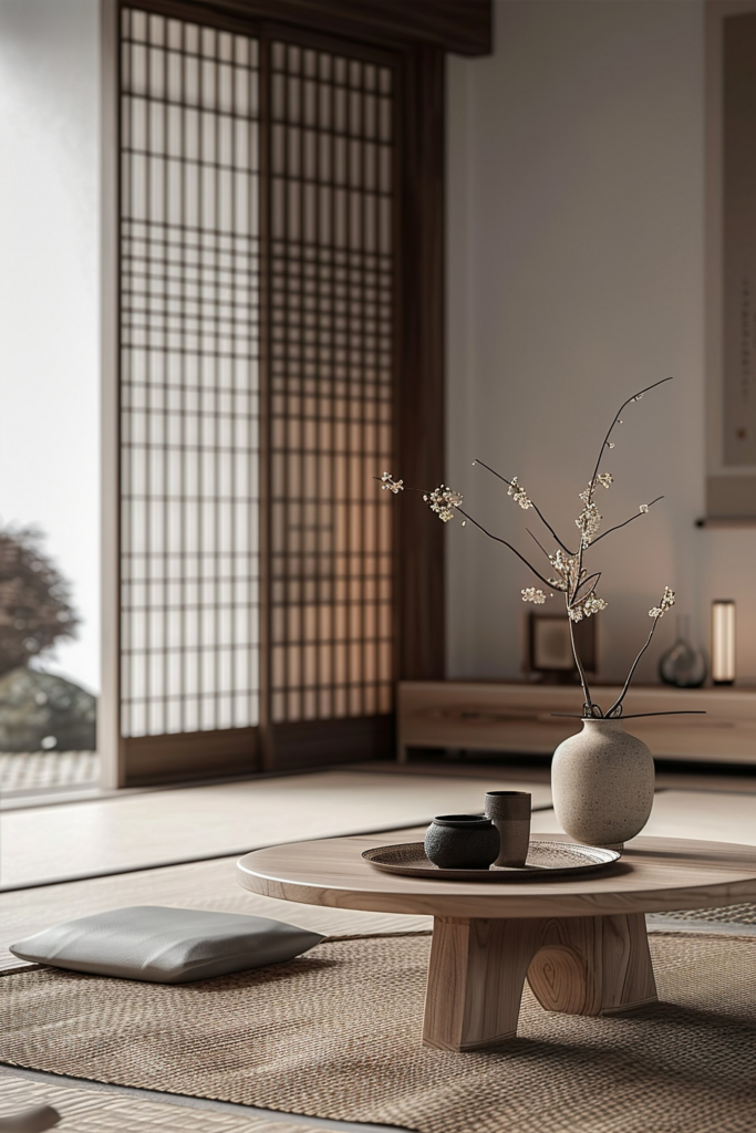 Traditional Japanese-style room with tatami floors, shoji screens, a low table with a vase, and a cushion.