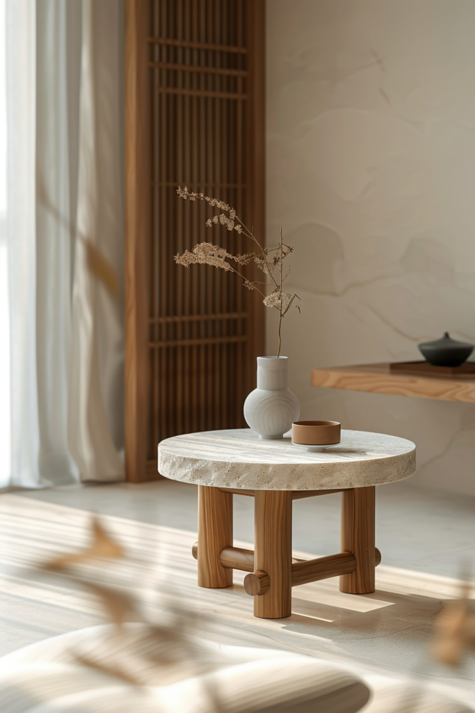 ALT: A minimalist room with sunlight casting soft shadows, featuring a round stone table with a vase, dried plants, and a small bowl.