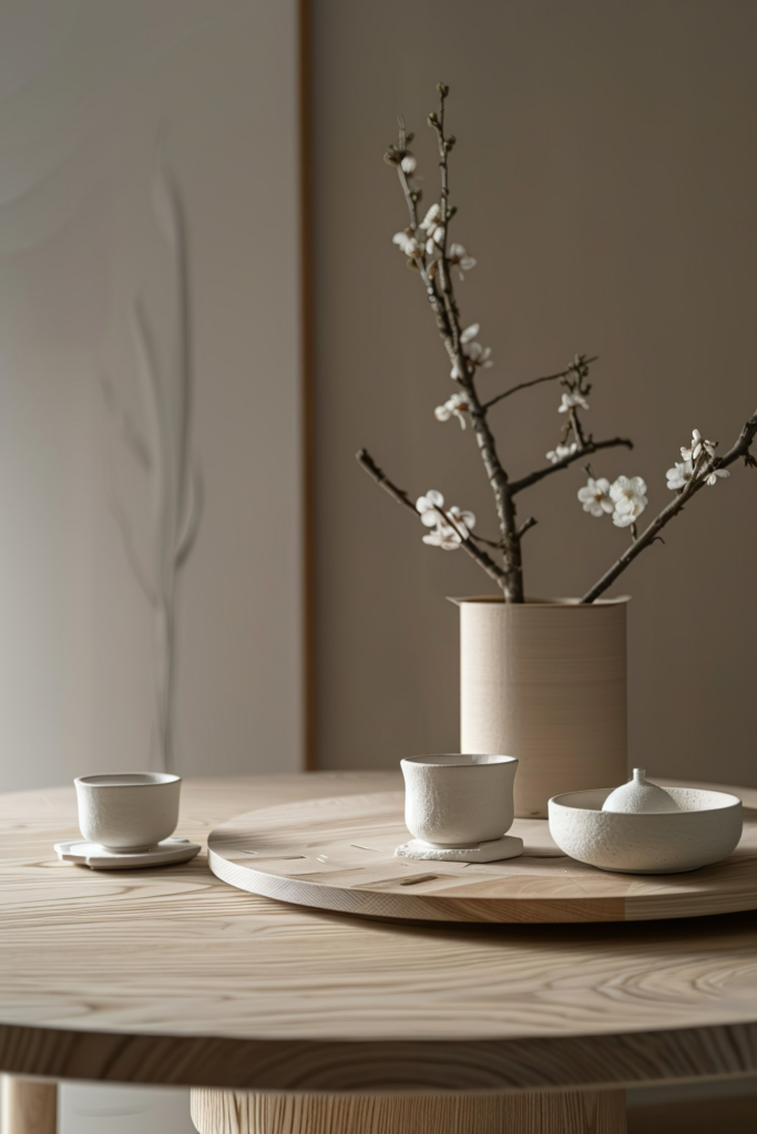 ALT: A serene setting with two ceramic cups on a wooden tray, a sugar bowl, and a vase with blossoming branches on a wooden table.