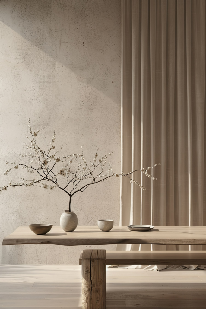 A minimalist room with a wooden table, ceramic bowls, and a vase with delicate branches against a concrete wall and draped curtain.