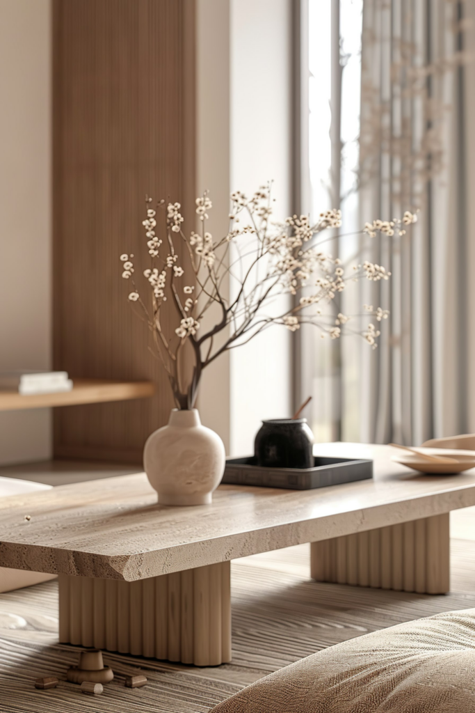 ALT: A cozy minimalist interior with a wooden table showcasing a white ceramic vase with delicate branches and flowers, next to a window.