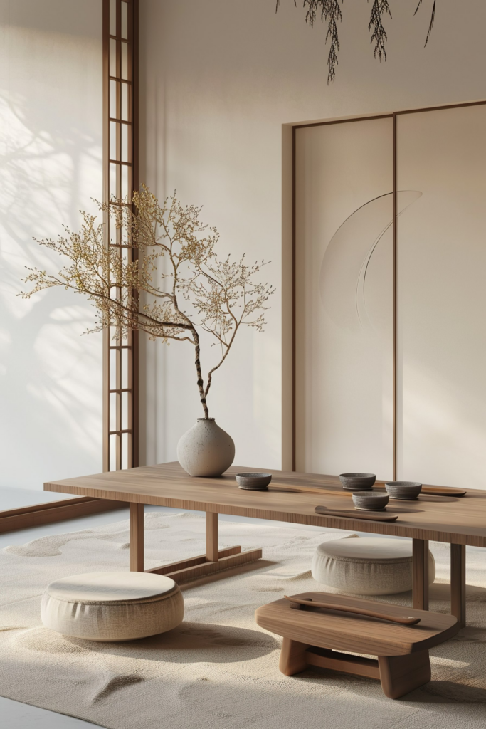 ALT: A tranquil Japanese-inspired dining area with a wooden table, bowls, cushioned stools, vase with branches, and soft natural lighting.