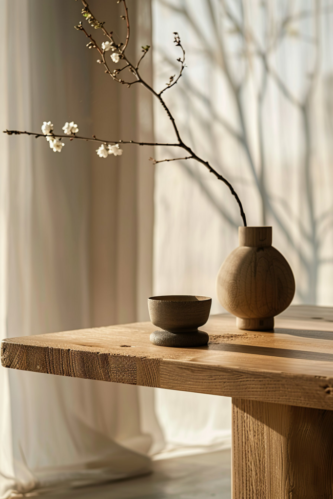 A serene setting with a ceramic bowl and vase on a wooden table, accompanied by a delicate flowering branch, in soft, natural light.