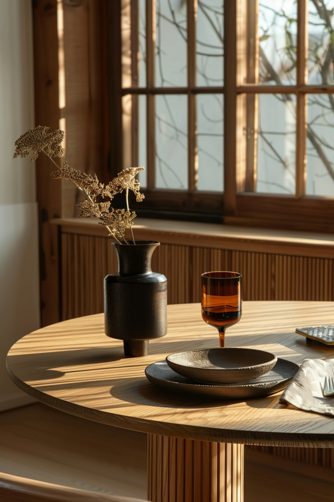 ALT text: "Elegant dining setup with black ceramics on a wooden table, accompanied by a vase with dried flowers and a glass of amber liquid, near a window."