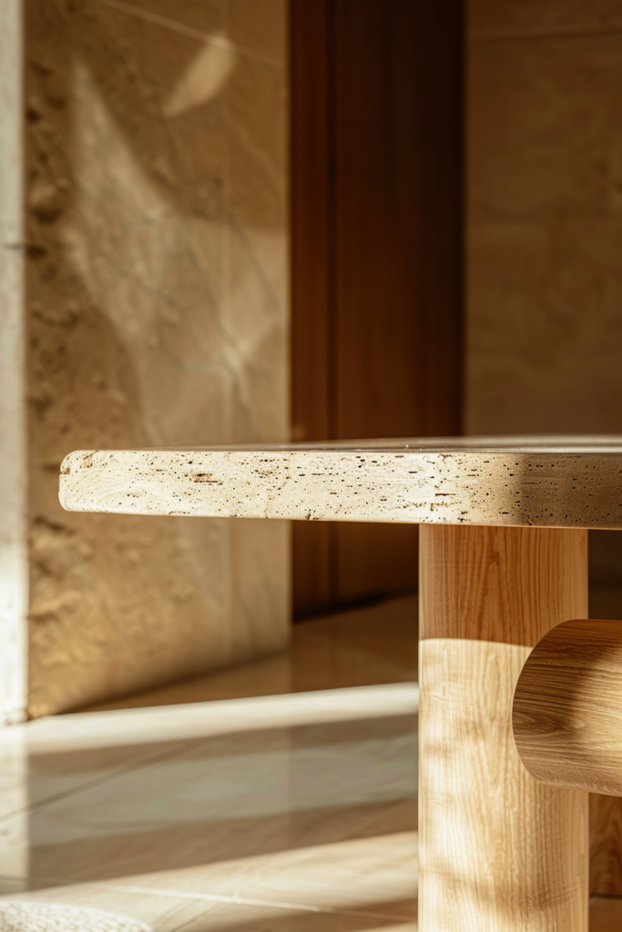 Close-up of a wooden table edge with sunlight casting soft shadows on a tiled floor.