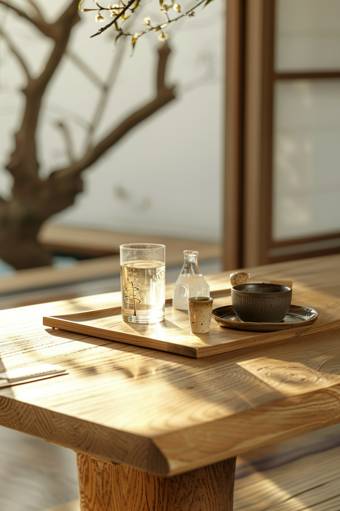 A serene setting with a glass of water, a bottle, and a ceramic bowl on a wooden tray, bathed in warm sunlight near a window.