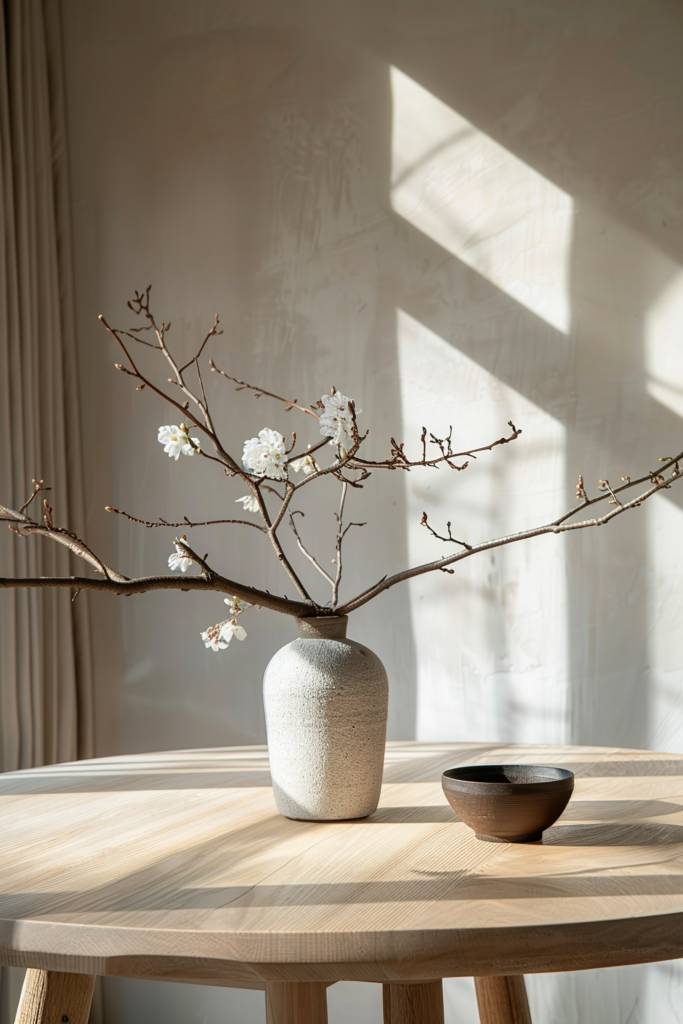 A textured vase with blossoming branches on a wooden table, in a sunlit room casting geometric shadows on the wall.