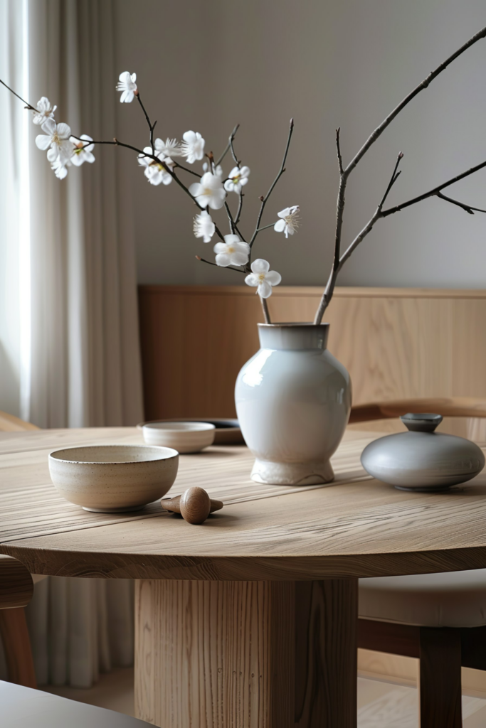 A serene wooden table setting featuring a white vase with flowering branches, coordinating ceramic bowls, and a wooden egg-shaped object.