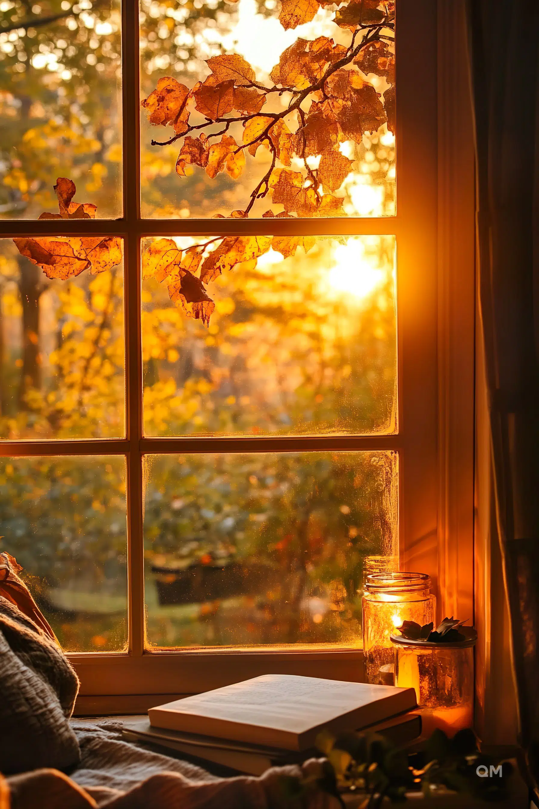 Cozy autumn scene with a book and candle on a windowsill, sunlight filtering through golden leaves outside the window.
