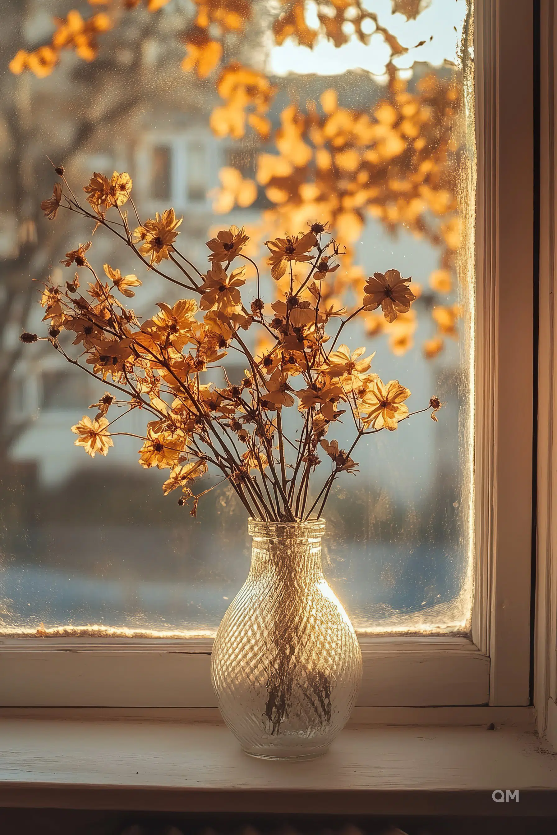 Dried flowers in a vase on a windowsill bathed in warm sunlight with a soft-focus background.