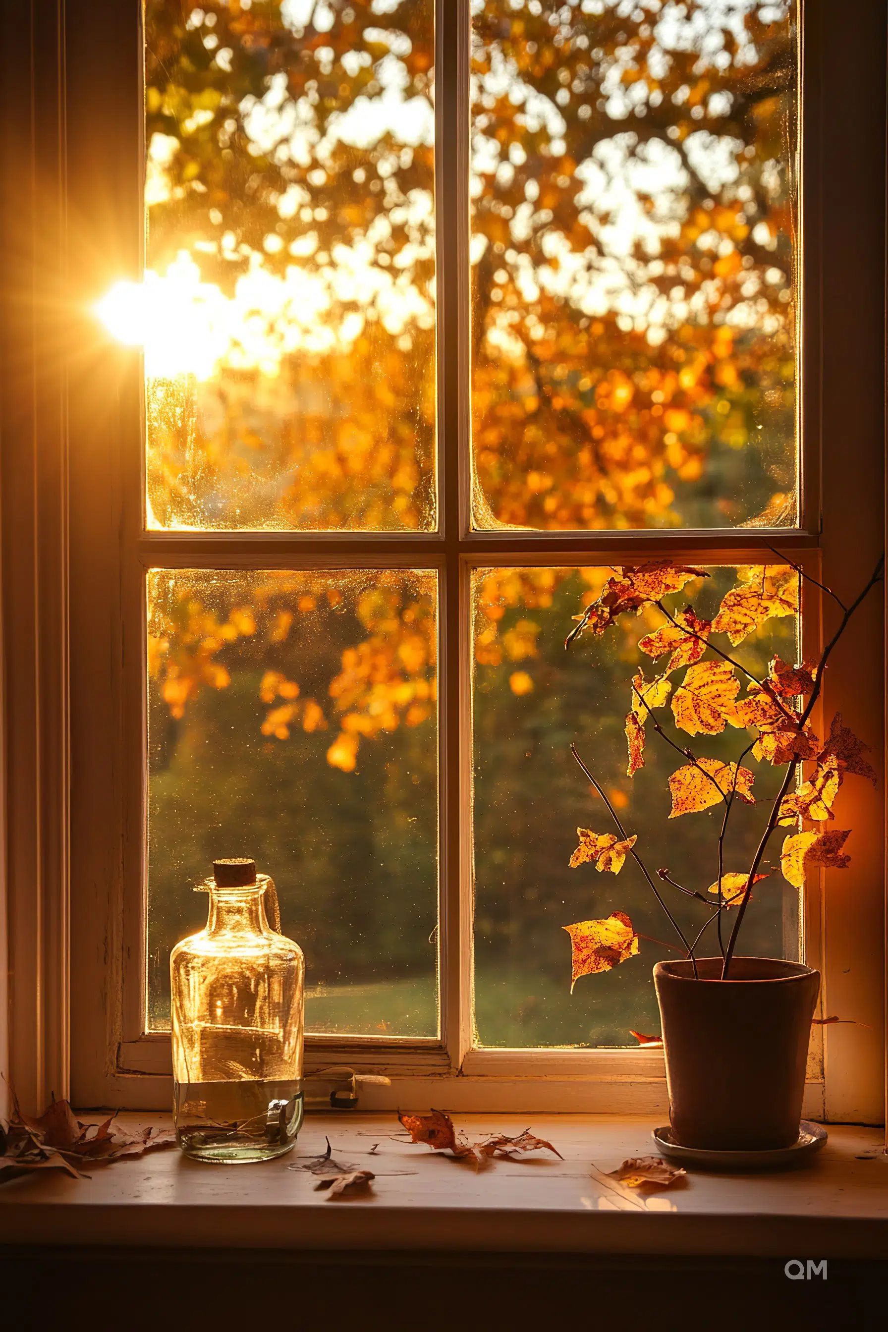 Sunlight streaming through a window, casting a glow on a glass bottle and fall leaves on the windowsill, with a tree in autumn colors outside.