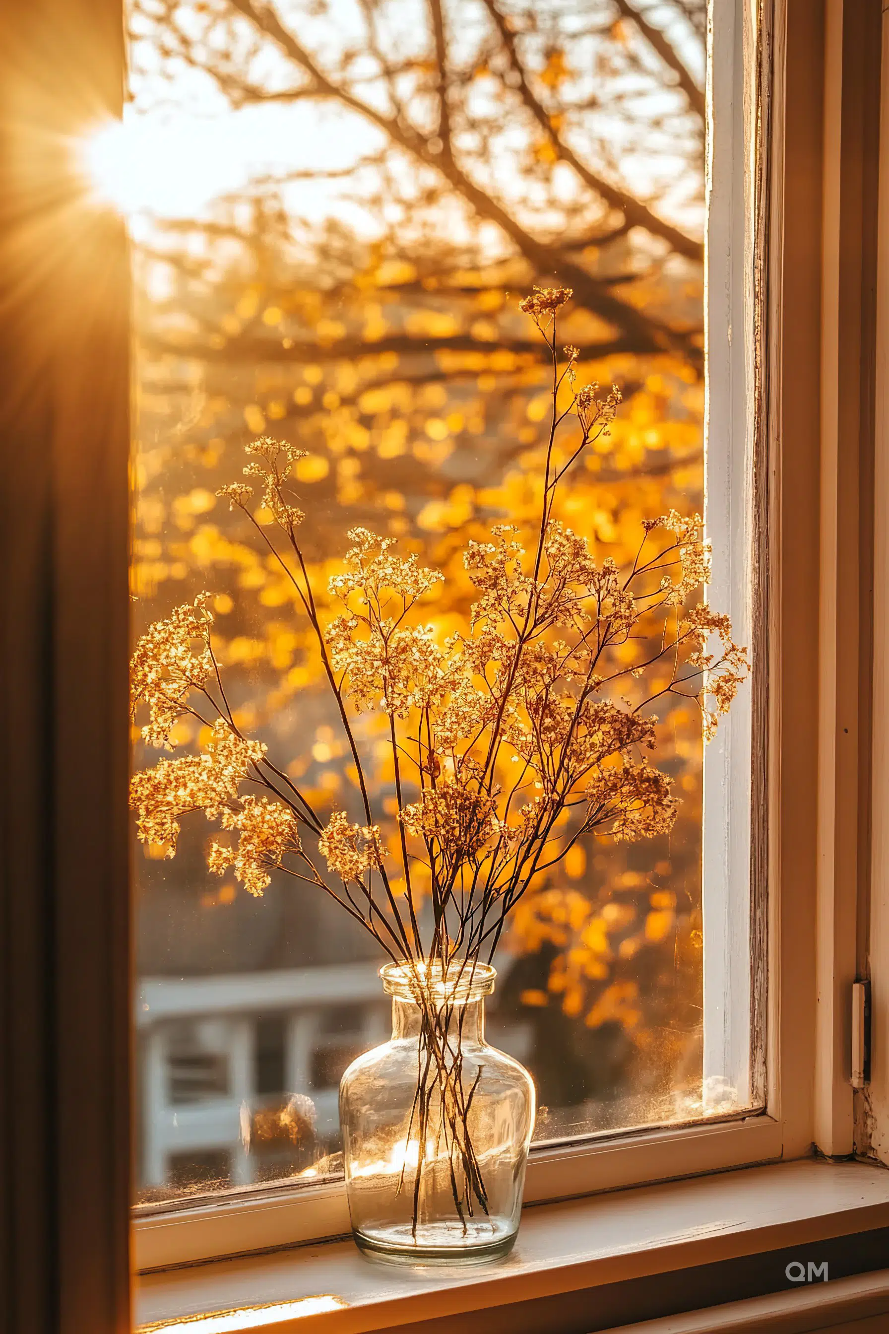 A glass vase with dried flowers on a windowsill, basked in warm sunlight with golden autumn leaves visible outside.