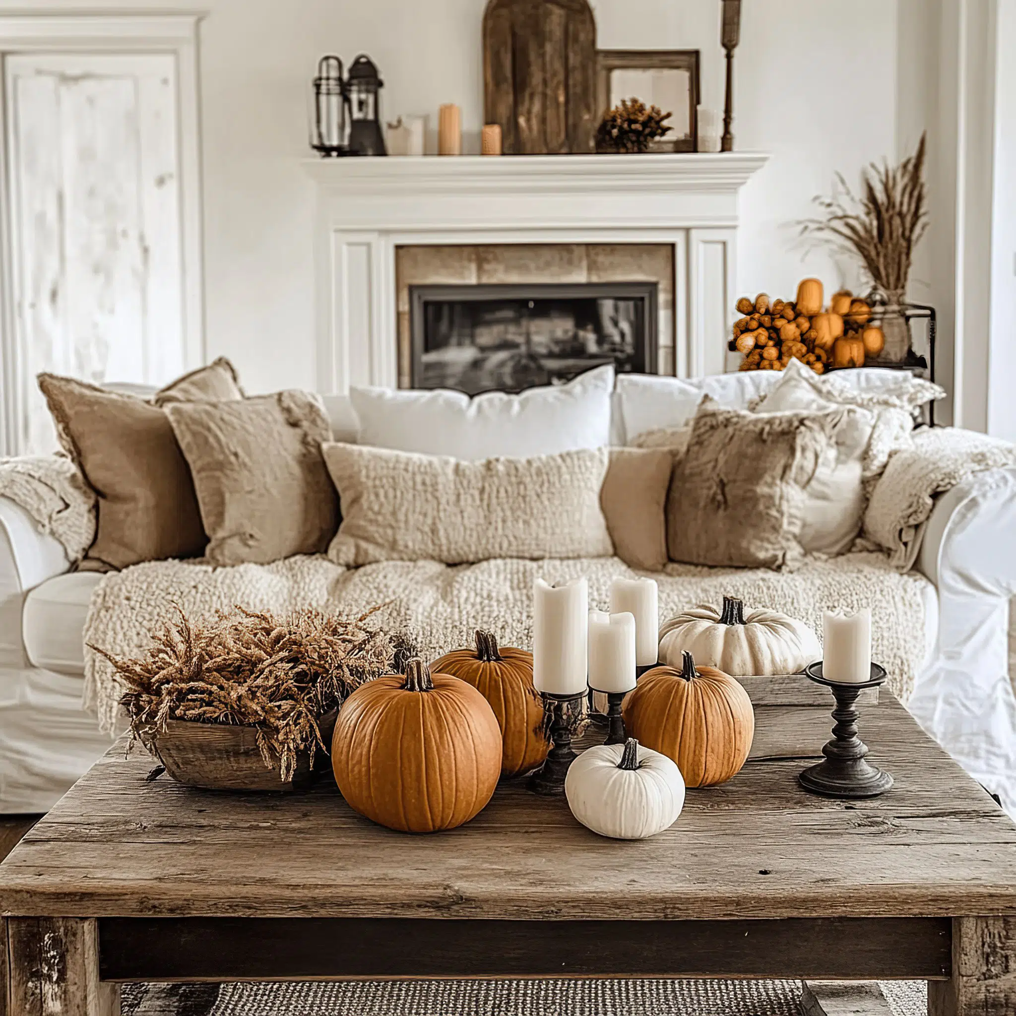Cozy autumn-themed living room with a variety of pumpkins on a wooden table, candles, and a plush sofa in front of a fireplace.