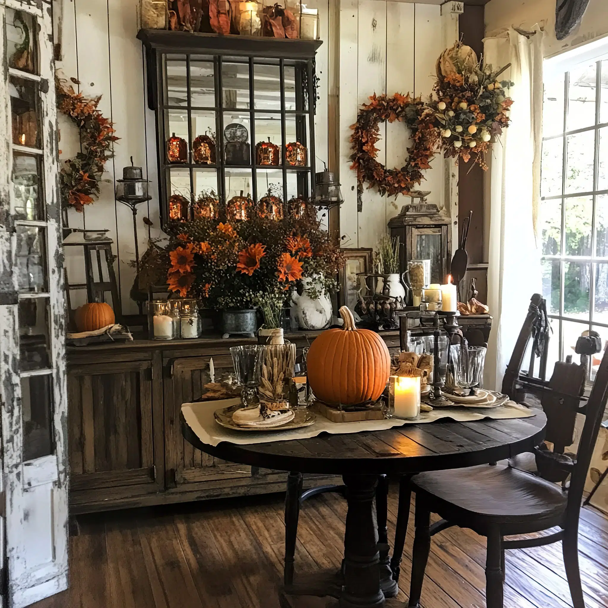 A cozy room decorated for autumn with a table set, pumpkins, lit candles, and fall foliage.
