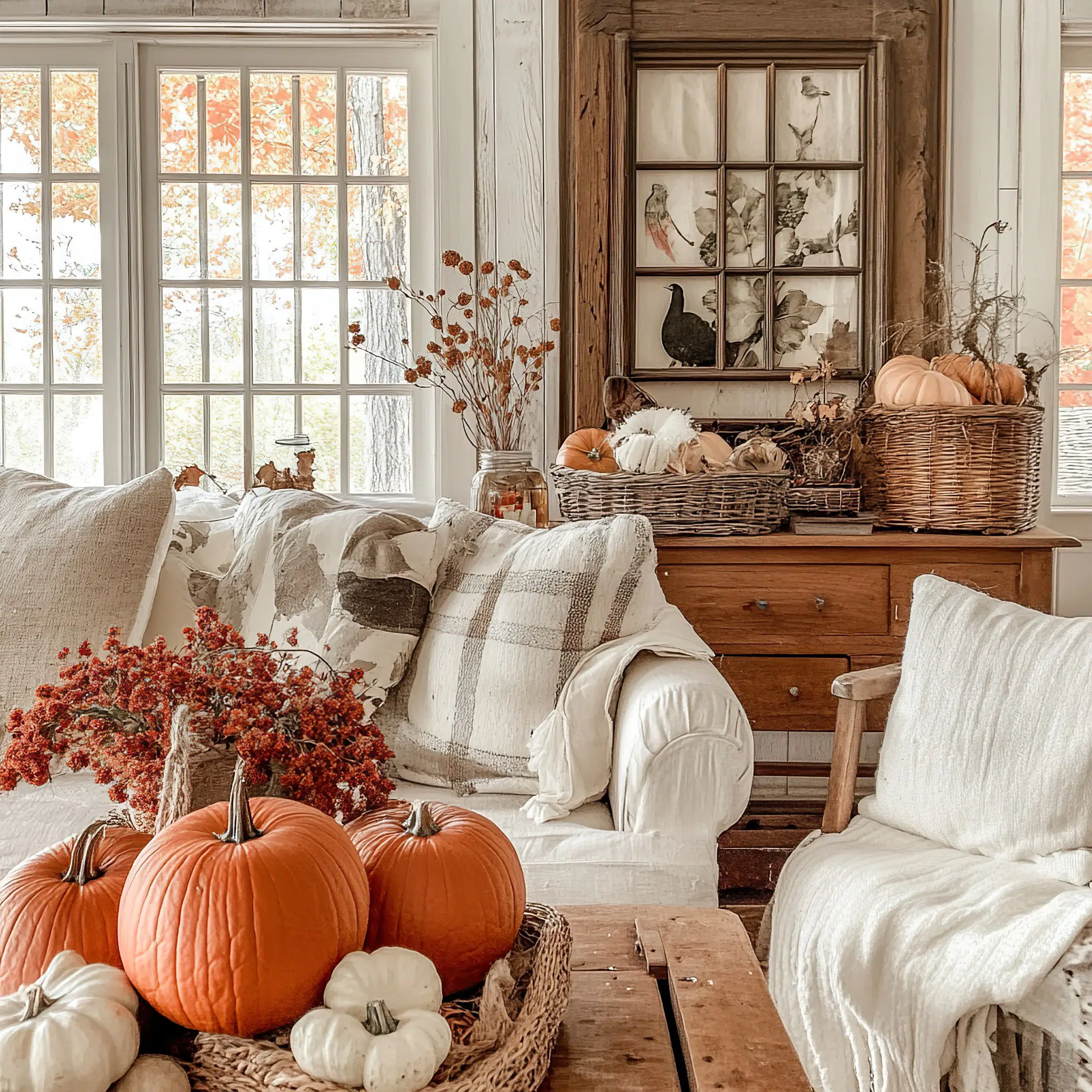 A cozy autumn-themed living room with orange pumpkins, white cushions, and fall decorations, with warm light coming through the window.