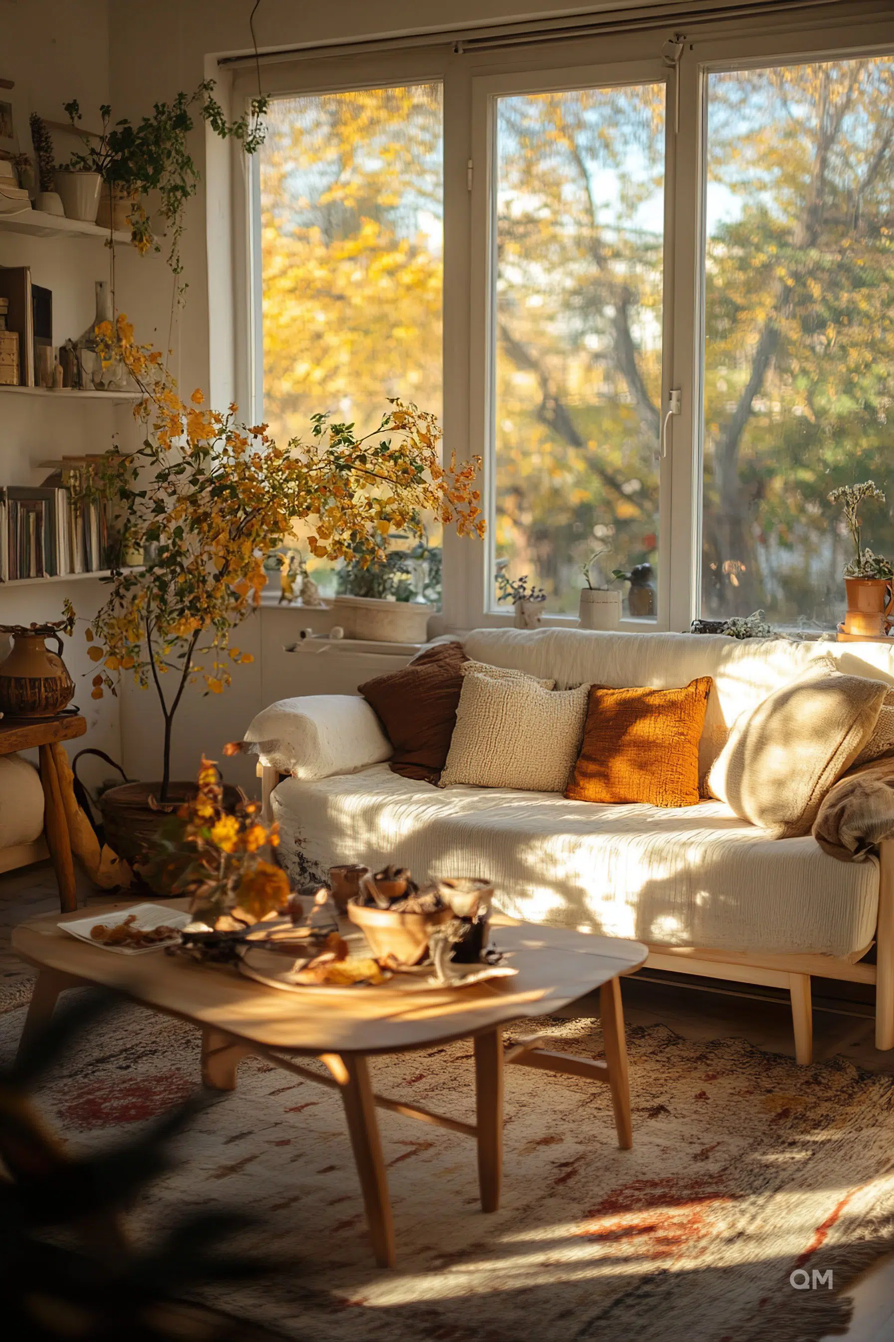 Cozy living room basked in warm sunlight with a sofa, cushions, plants, and autumnal decorations on a coffee table.