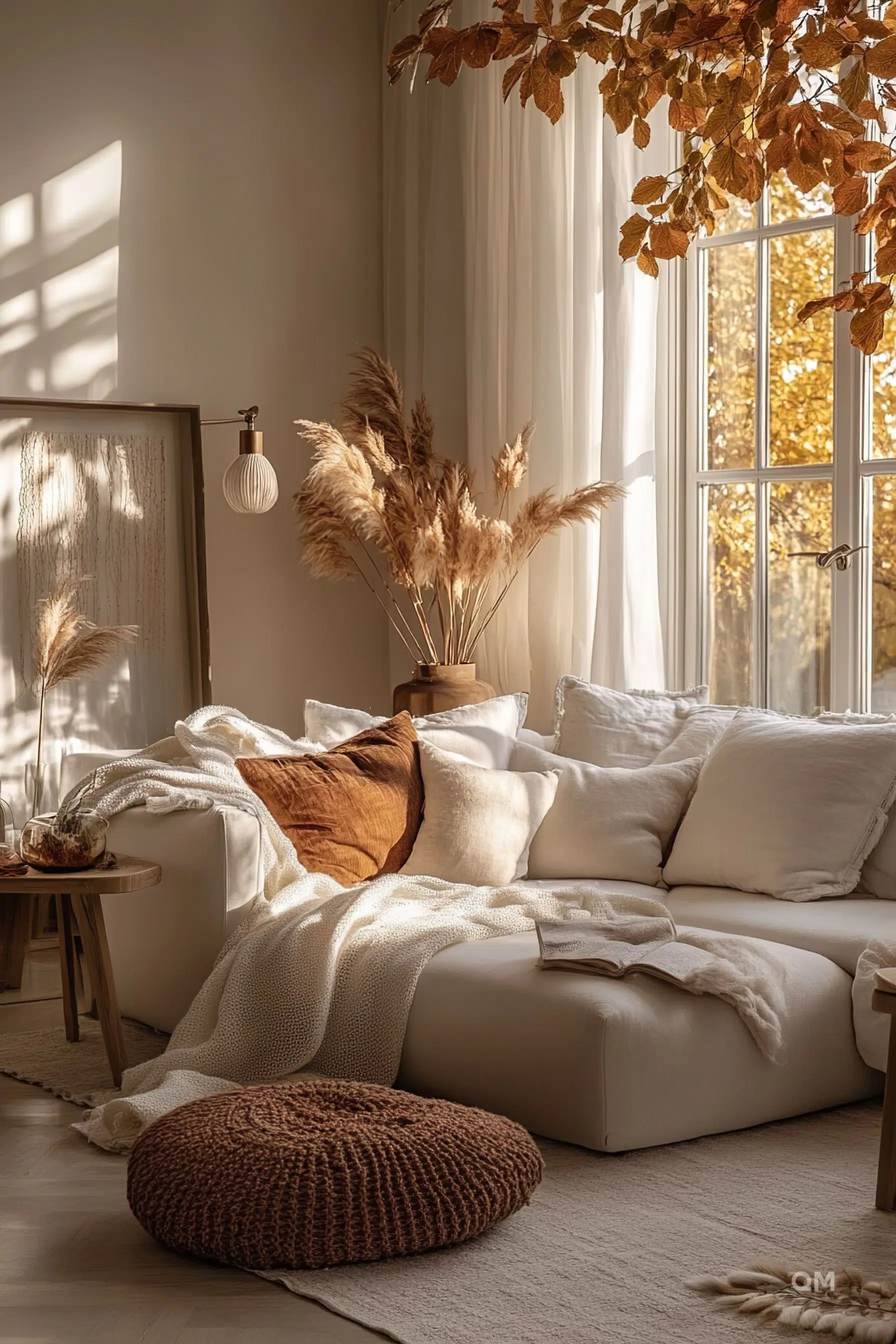 Cozy living room corner with a white sofa, throw blankets, fall foliage outside the window, and warm sunlight casting shadows.