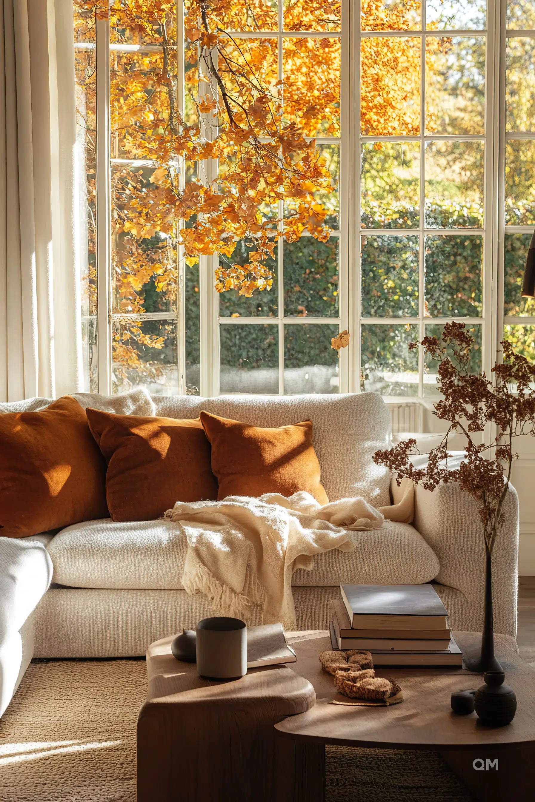 Cozy autumn living room with warm-toned cushions, a knit throw, and a view of golden leaves outside the sunlit window.