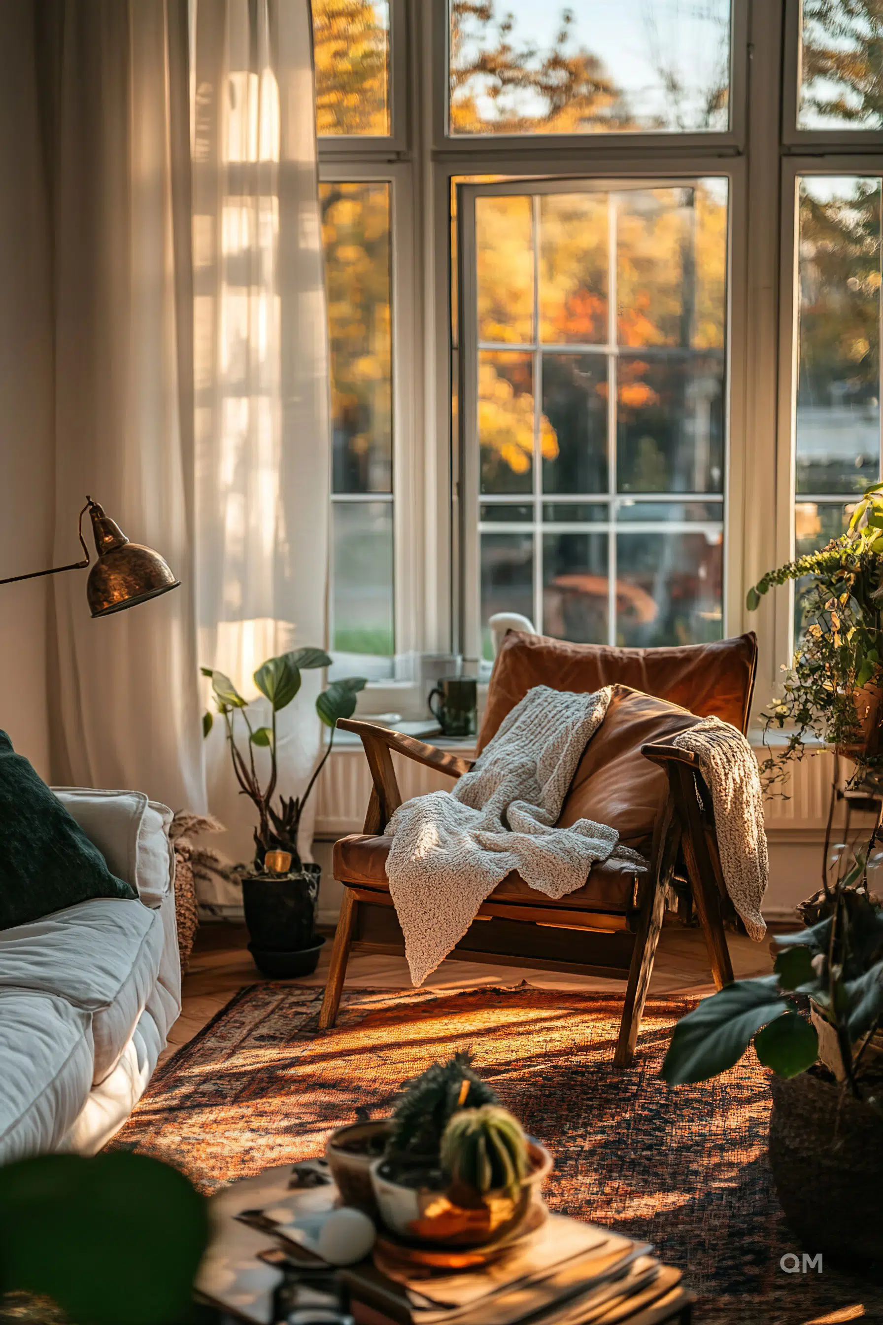 Cozy living room corner with a leather armchair, a throw blanket, plants near a window with sunlight streaming in, reflecting warm autumn colors.