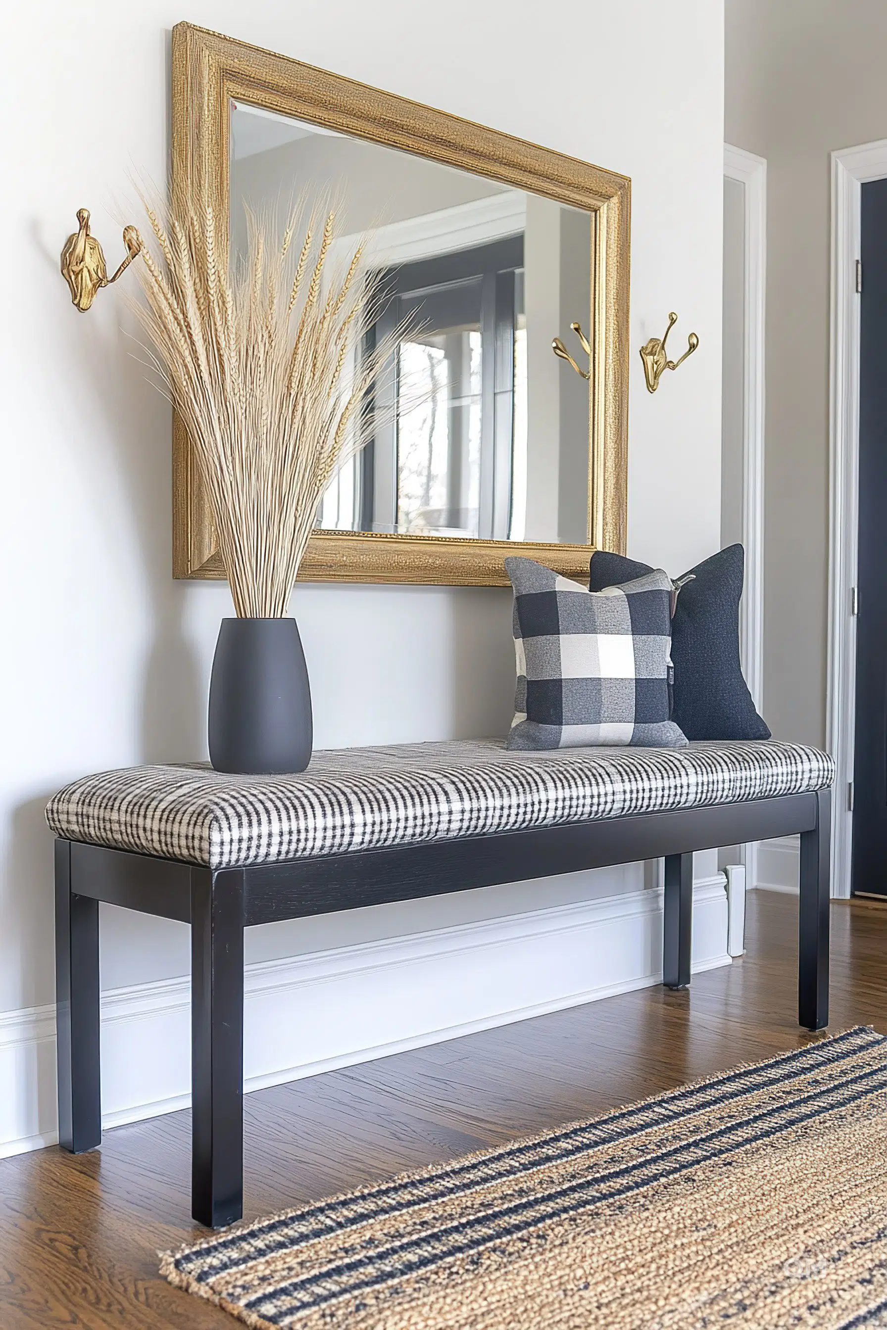 Elegant home entryway with a striped bench, a gold-framed mirror, a vase of pampas grass, and decorative wall hooks.