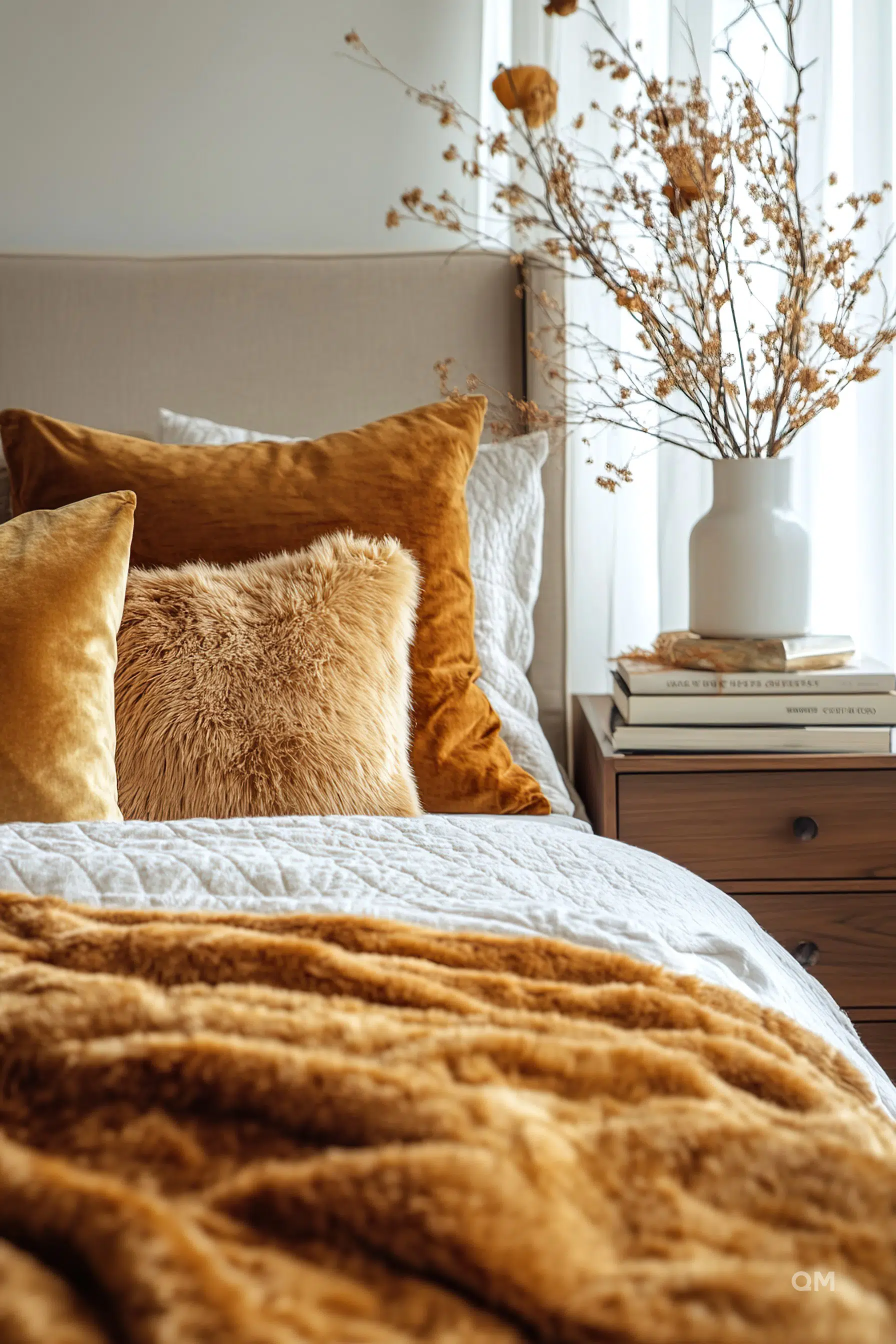 Cozy bedroom corner with an inviting bed dressed in earth-toned linens, velvet pillows, and a warm fuzzy blanket beside a nightstand with books and vase of dried flowers.