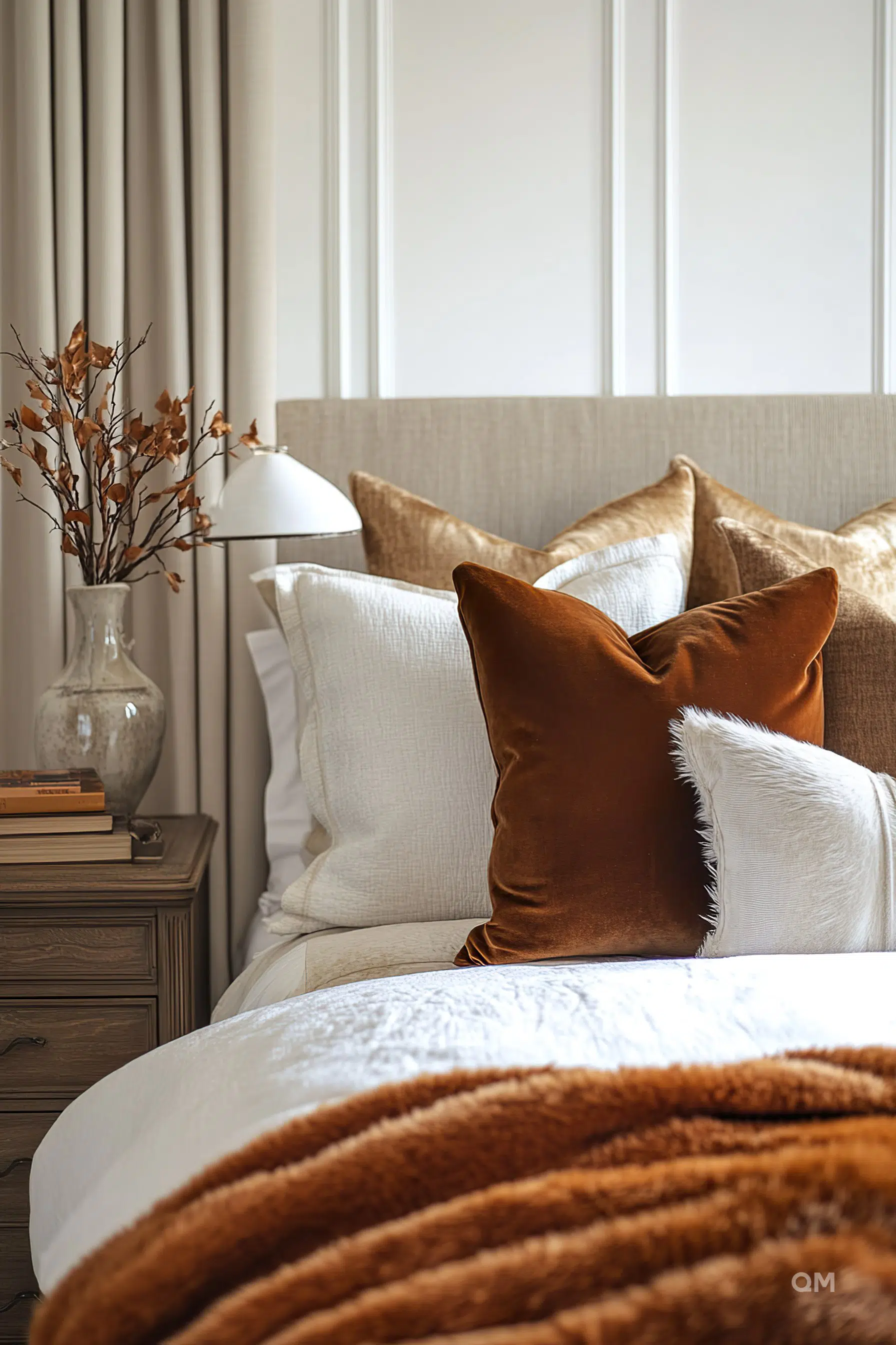 Cozy bedroom corner with plush white and brown pillows, a textured throw blanket, and a bedside table with books and a vase.