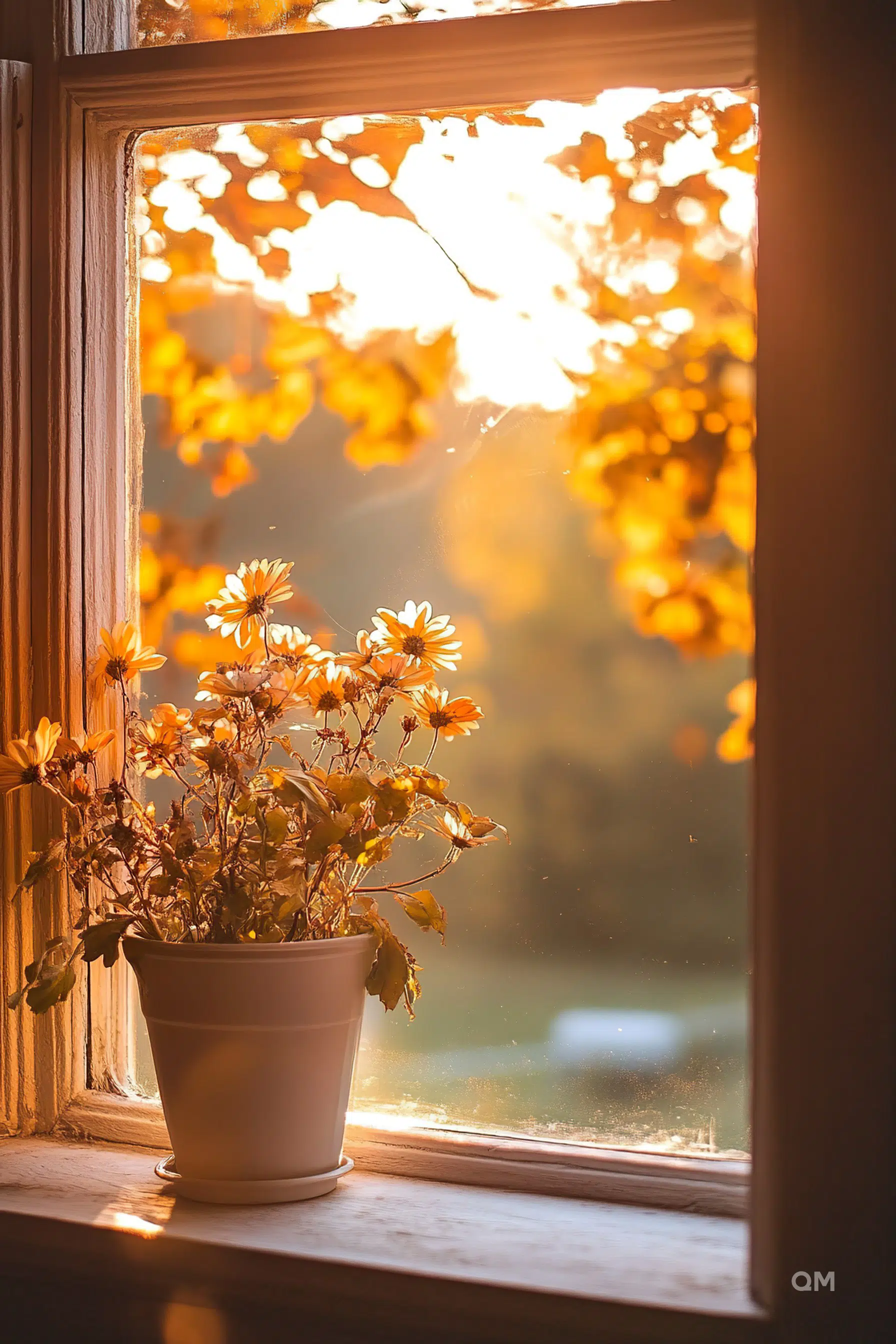 A flower pot on a windowsill with sunlight filtering through autumn leaves outside, casting a warm glow.