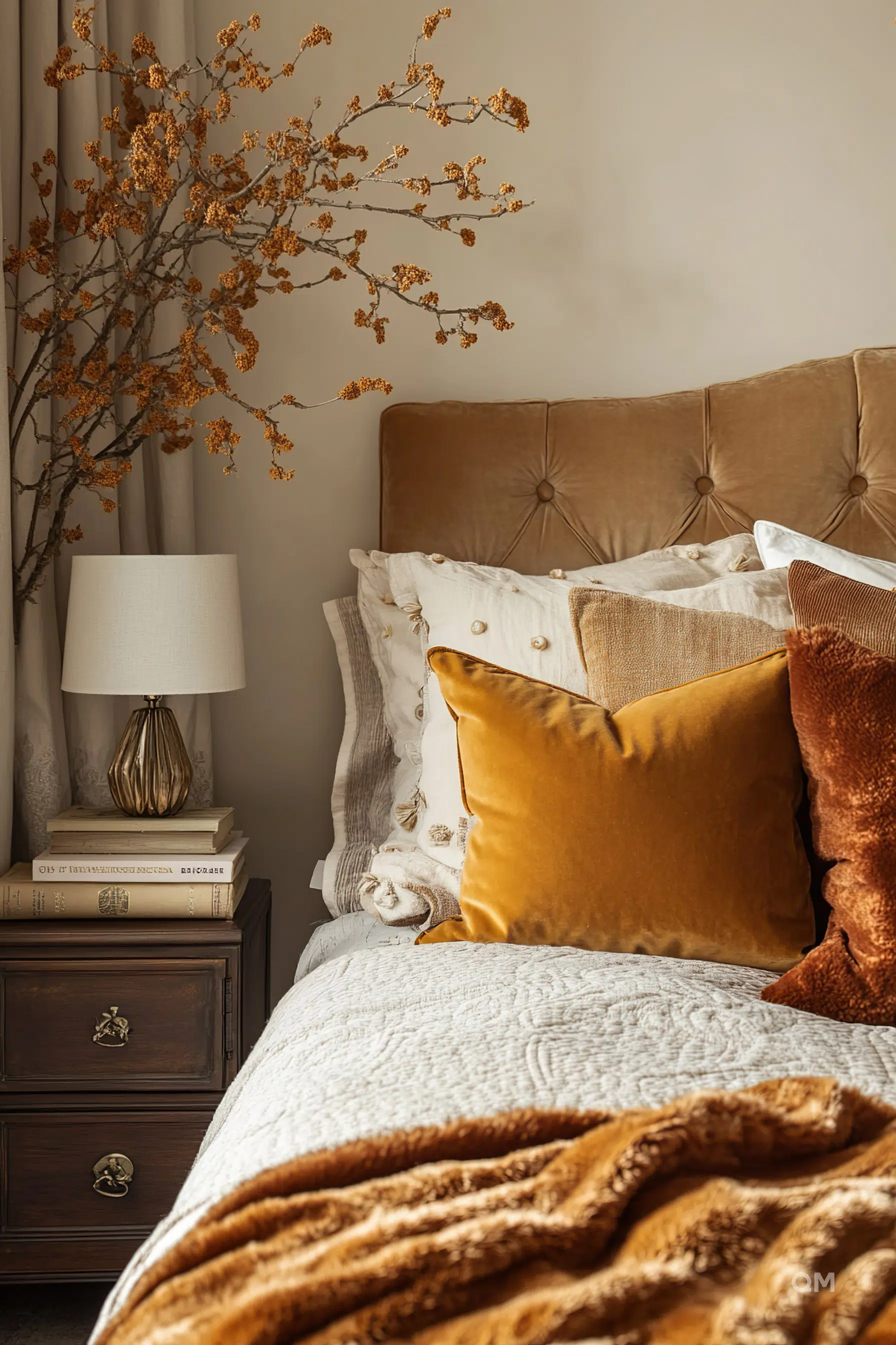 Cozy bedroom corner with a plush headboard, decorative pillows in autumn colors, a bedside table with books and lamp, and a faux fur throw.